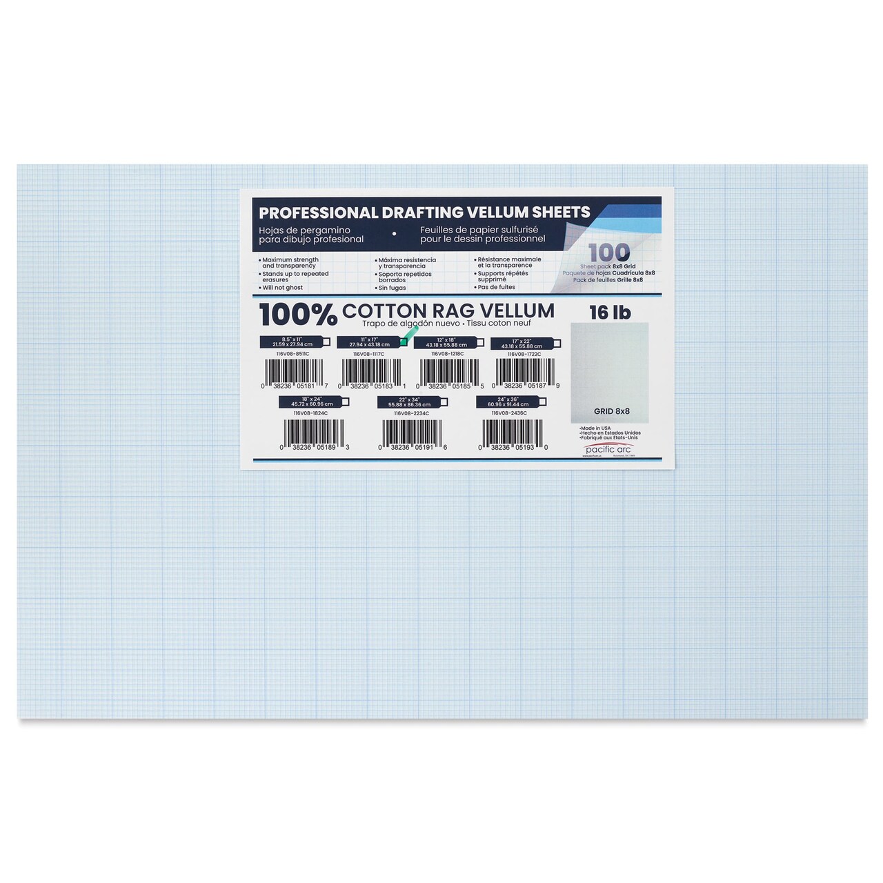 Pacific Arc Gridded Drafting Vellum Pack - 8 x 8 Grid, 11" x 17". Pkg of 100